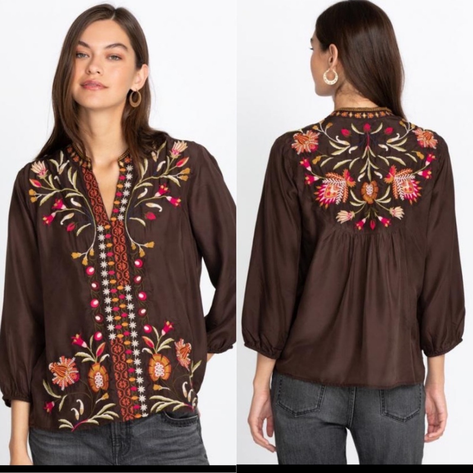 Johnny Was Workshop Blouse Tunic Top Brown Rosalva Paris Effortless Embroidered